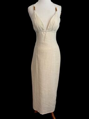 Indikah Linen Blend Halter Strap Beaded Accent Maxi Dress Small